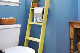 blue bathroom, yellow ladder, ladder