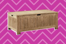 Collage of the West Elm Portside Outdoor Storage Trunk on a pink background