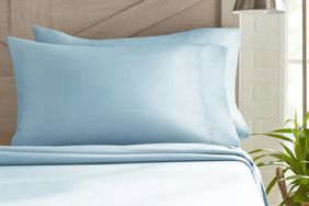 Blue BHG Walmart sheets on bed