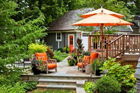 backyard deck orange umbrellas
