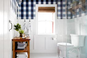 Bathroom with blue and white plaid wallpaper