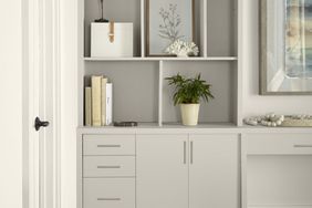 Built-in bookshelves painted in Tranquil Gray