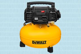 Collage of the Dewalt 6-Gallon Pancake Air Compressor on a blue background