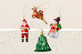 Collage of four Christmas ornaments on a tan patterned background. 