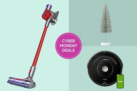 Collage of two vacuums and a holiday tree decoration on a tricolor green background.