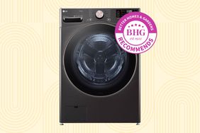 LG 4.5-Cu. Ft. Stackable Smart Front-Load Washer collaged against a yellow patterned background