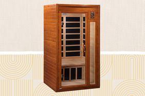 Dynamic Barcelona 1 to 2 Person Hemlock Wood Low EMF FAR Infrared Sauna collaged against a linen and yellow patterned background