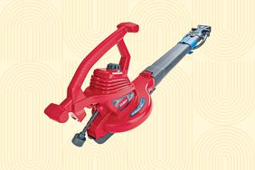 Collage of a Toro 51621 UltraPlus Leaf Blower Vacuum on a yellow background