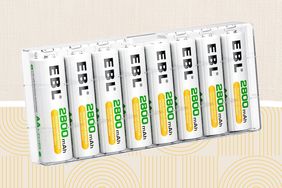 EBL AA Rechargable Batteries collaged on a colorful background