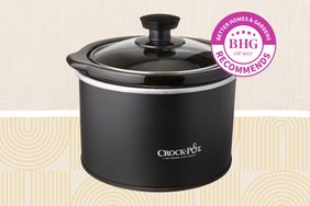 One of the best small slow cookers, the Crock Pot Mini, on a tan patterned background with a BHG Recommends badge.