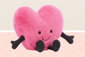 A plush pink heart tow on a tan and light pink colored background. 