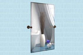 Collage of Hamilton Hills Large Pivot Rectangle Mirror with Brushed Chrome Wall Anchors on Blue Background