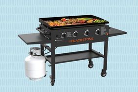 Collage of Blackstone 36-Inch Griddle with Hood on Blue Background