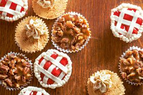 3 different kinds of pie-like cupcakes on wooden table