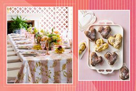 Left: Coquette tablescape with floral arrangements; Right: Heart-shaped cream puffs