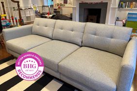 The Burrow Nomad Collection Block Sofa in a living room with a BHG Recommends badge.