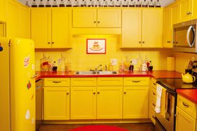 Kitchen in Eggo house, yellow cabinets and backsplash, fridge, red countertops