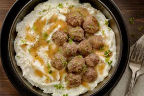 Plate of Swedish meatballs with mashed potatoes