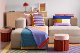 IKEA raw color collection living room, colorful throw pillows on nude sofa