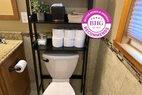 The Utex 3 Shelf Bathroom Organizer over a white toilet in a bathroom