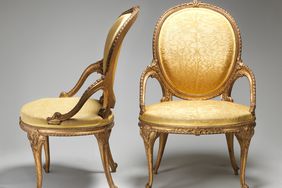 pair of moire silk armchairs in the French taste 