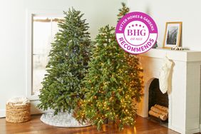 Best artificial Christmas trees displayed in a living room next to a fireplace