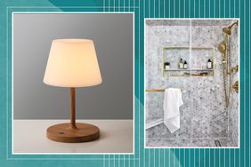 Left: small wood grain shower lamp; Right: inside of gray tiled shower with gold hardware and shelf