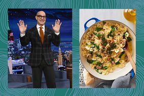 Stanley Tucci and a pot of pasta on a blue-green photo treatment