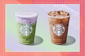 New starbucks lavender drinks (latte and matcha) on coral background