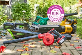A variety of cordless leaf blowers on a brick walkway