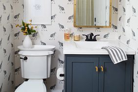 blue gold ostrich wallpaper bathroom