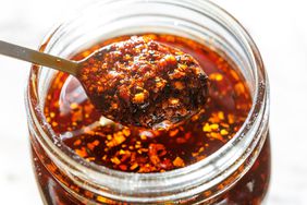 spoonful of chili crisp with jar