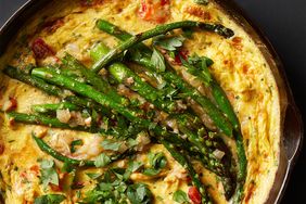 Crab and Asparagus Frittata in cast iron pan