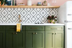 Dabito One Room Challenge kitchen with green cabinets and pink walls