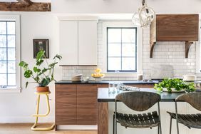 kitchen with walnut finish kitchen cabinets