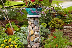gabion plant stand with flowers