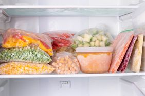 stacks of frozen foods in a freezer