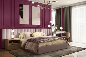 Bedroom wall with decorative molding and abstract art painted in Purple Cabbage