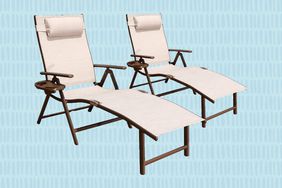 Collage of Goldsun Reclining Adjustable Patio Chaise Lounge Chairs on a blue background