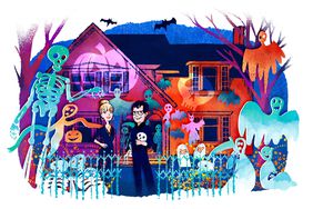 Illustration of a Halloween-decorated house at night with a man and woman standing outside