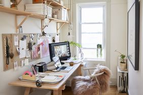 home office with plywood shelves