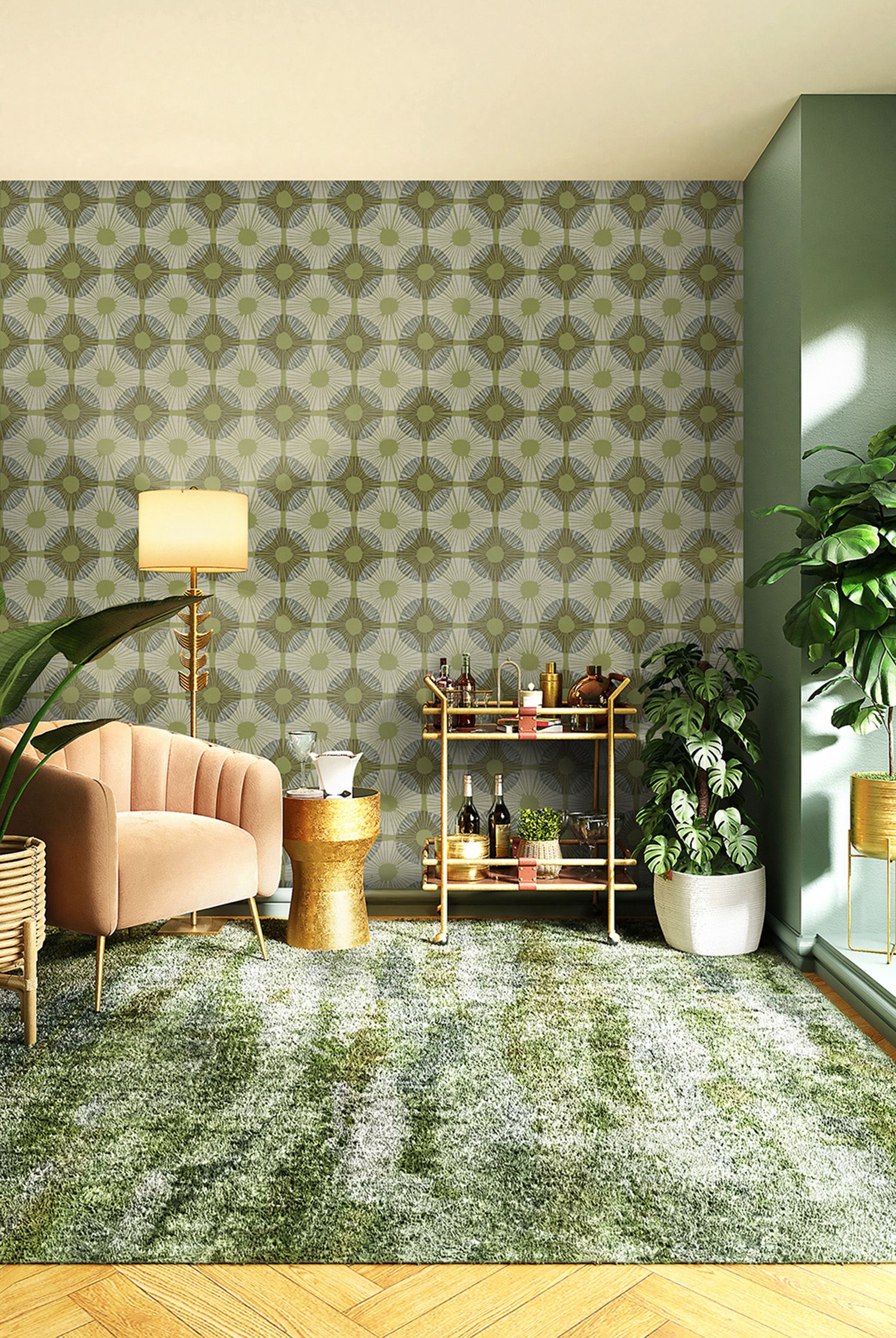 green wallpaper in retro living room