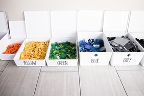 Legos in bins with labels