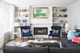 living room with blue chairs