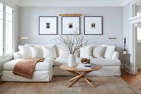 gray living room with white couch