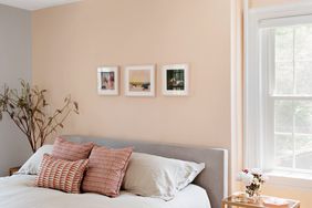 minimalist peach and neutral tones bedroom