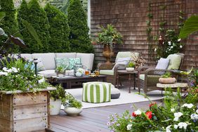 outdoor seating wood deck garden plants