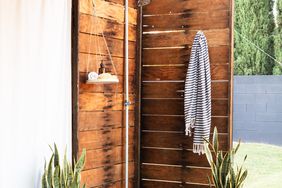 outdoor wooden corner shower