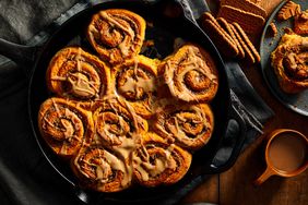 pumpkin cookie butter swirl buns in skillet