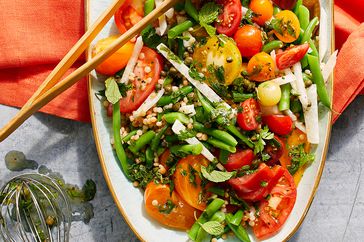 Heirloom Tomato & Green Bean Salad on oval plate